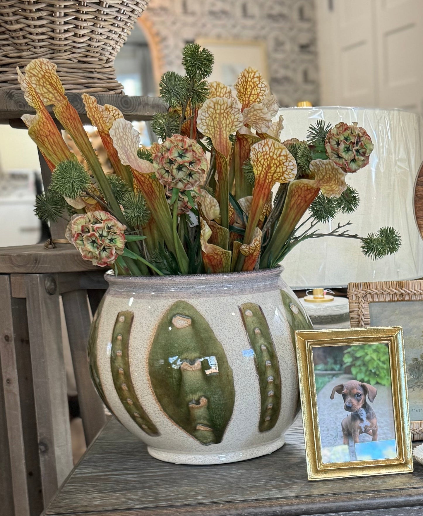 Green Patterned Stoneware Planter (Each One Will Vary)
