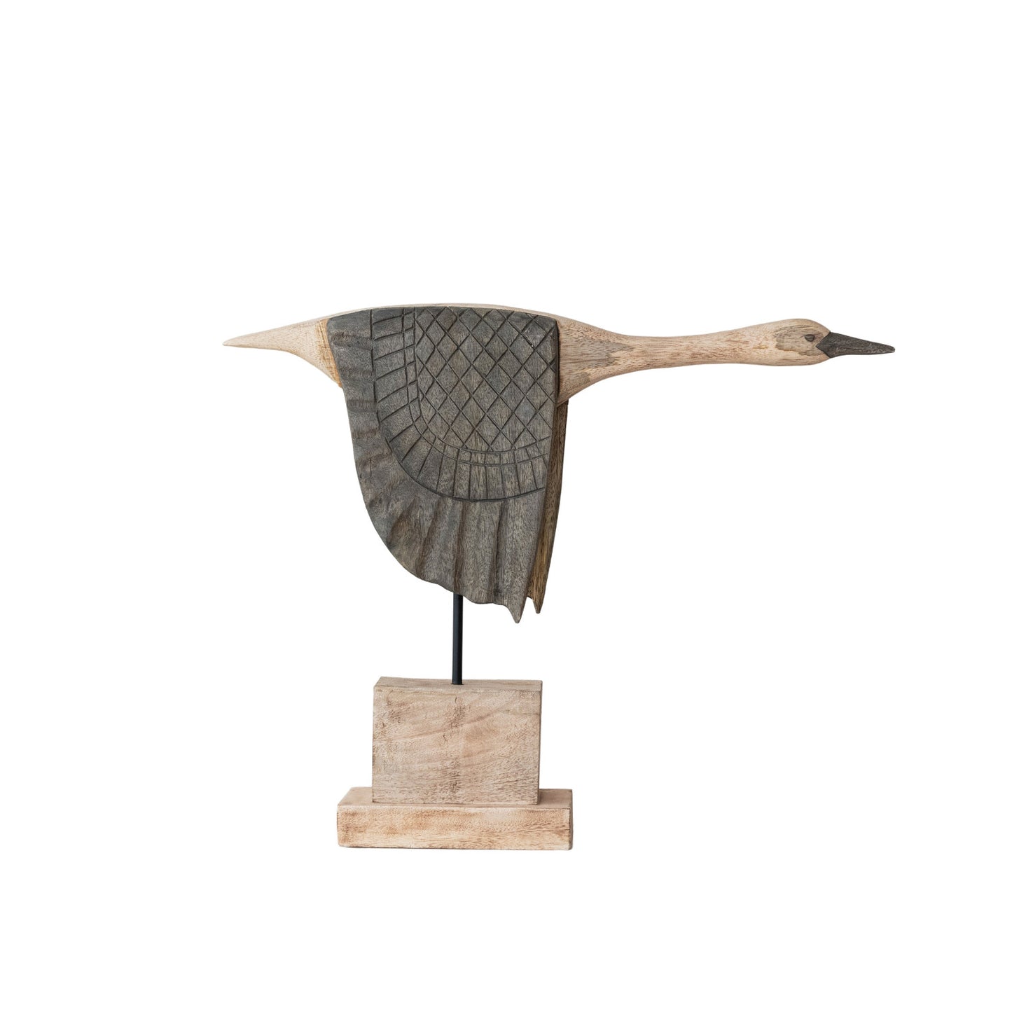 Hand-Carved Mango Wood & Metal Goose on Stand, Natural & Bleached