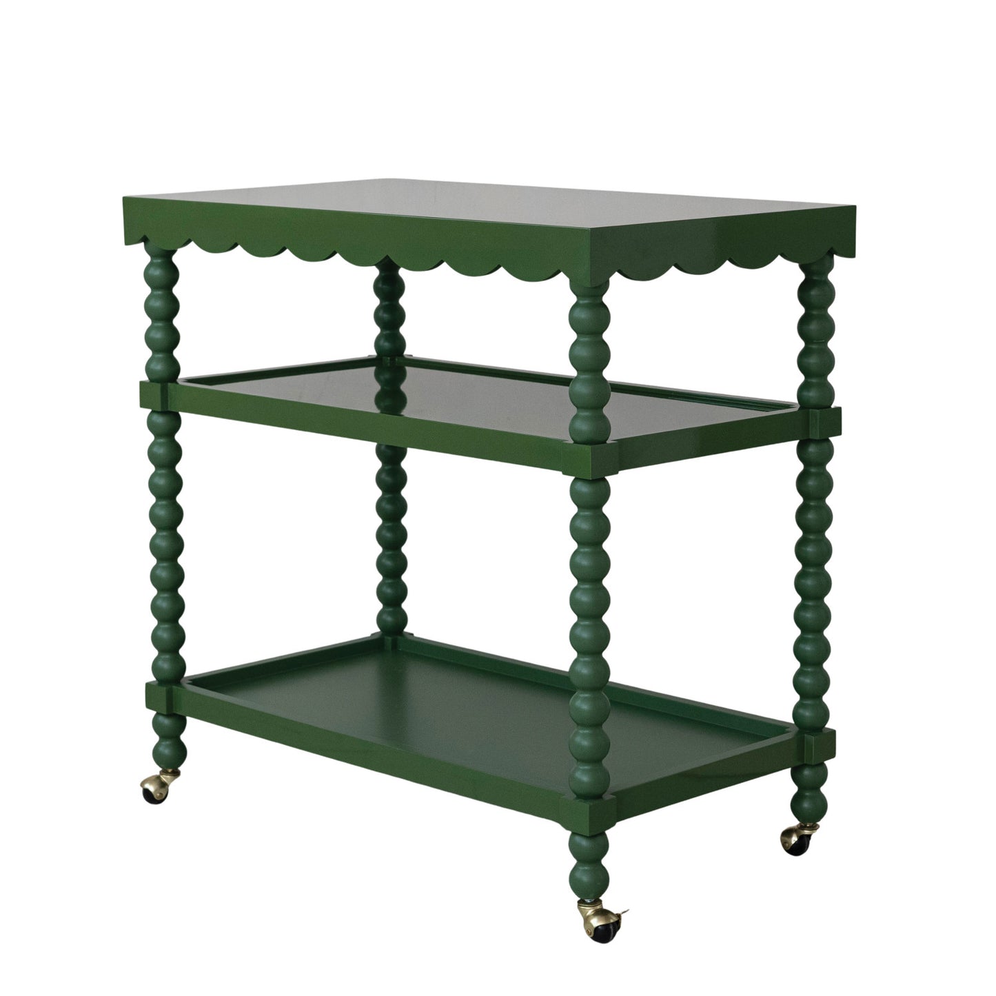 Scalloped 3-Tier Bar Cart on Casters with Turned Legs, Green, KD