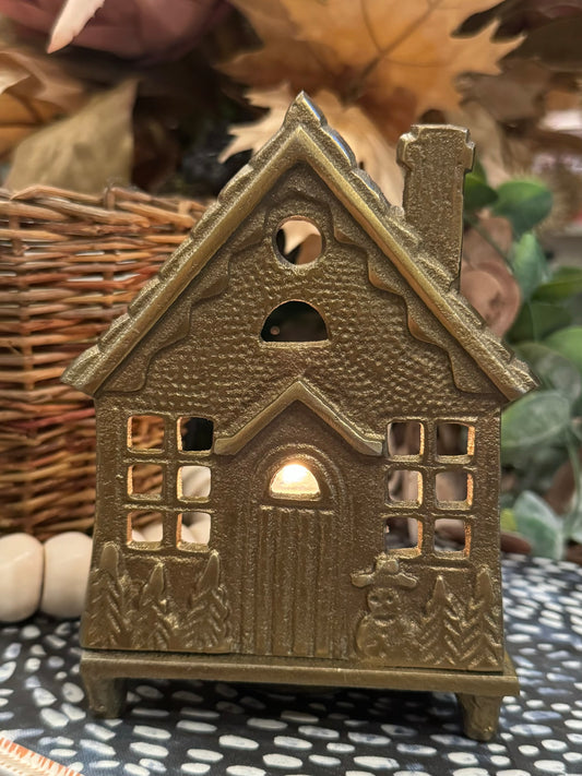House Tealight Holder Antique Brass