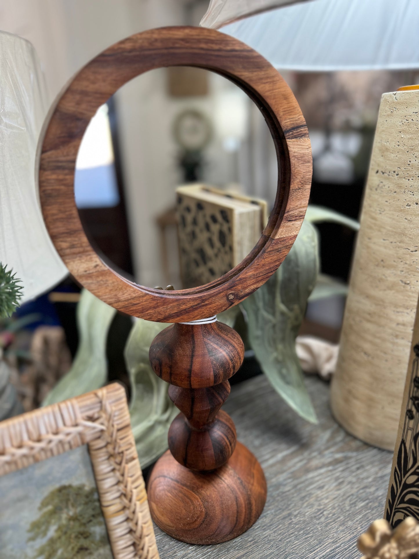 Acacia Wood Vanity Mirror with Carved Base