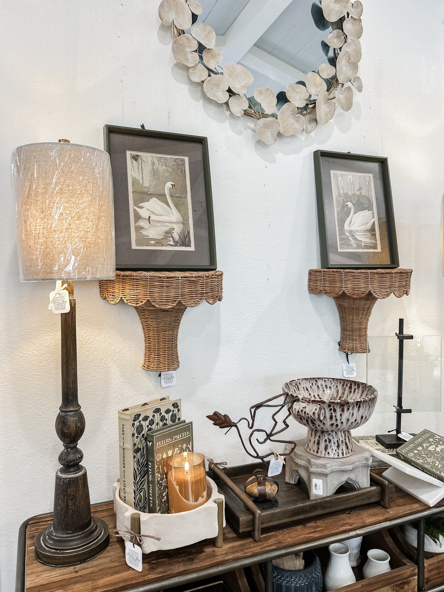 Scalloped Rattan Wall Sconce Shelf