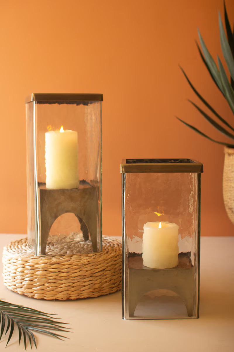 Glass Hurricane Set with Brass Bases