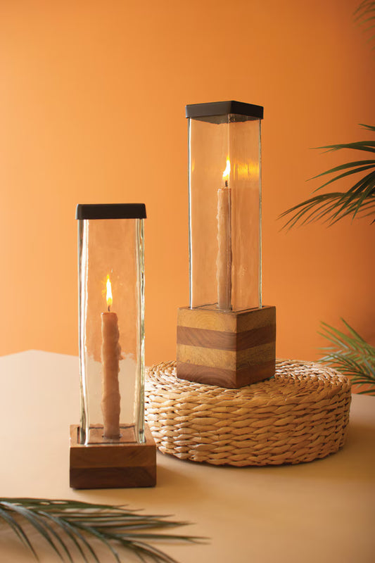 Square Glass and Wood Taper Candle Holder Set