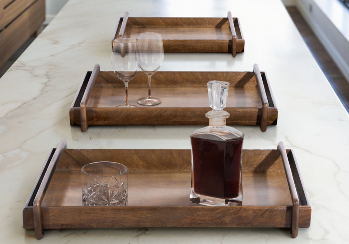 Wood trays with wood bar handle