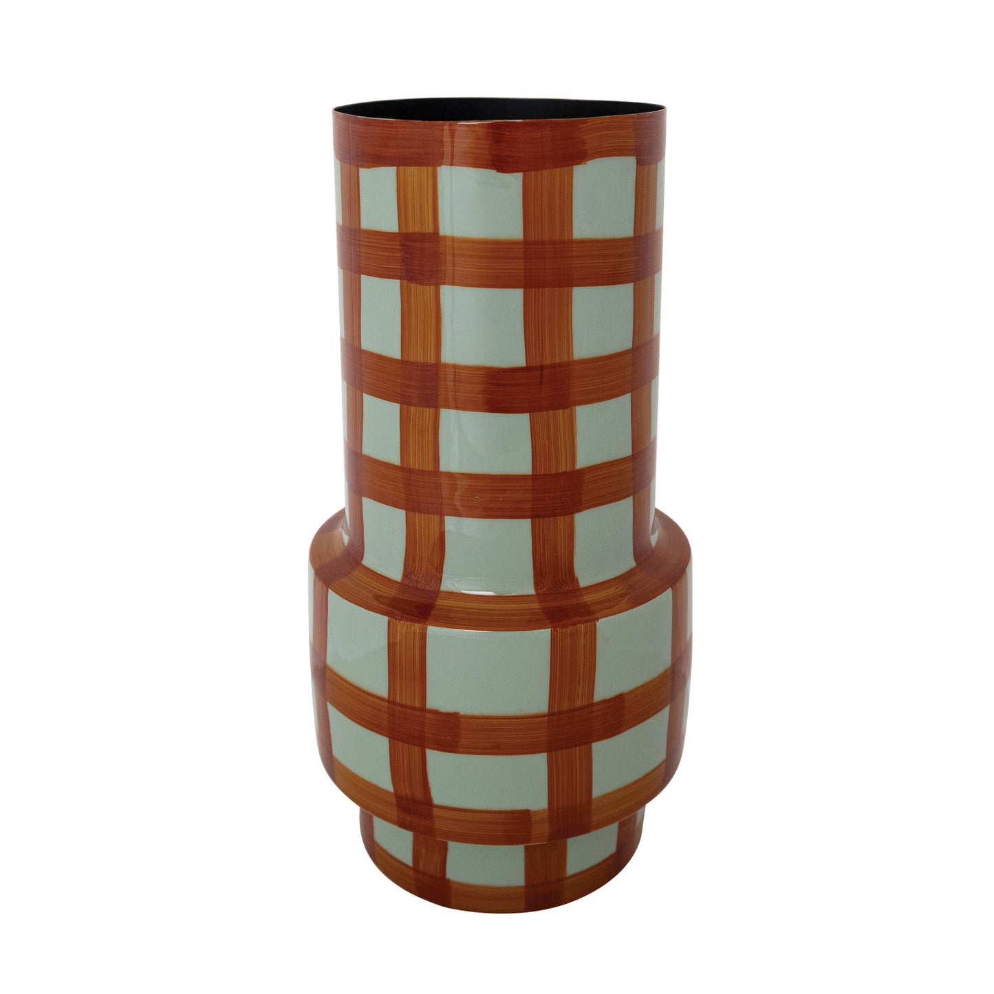 Enameled Metal Vase with Grid Pattern, Light Blue & Rust Color