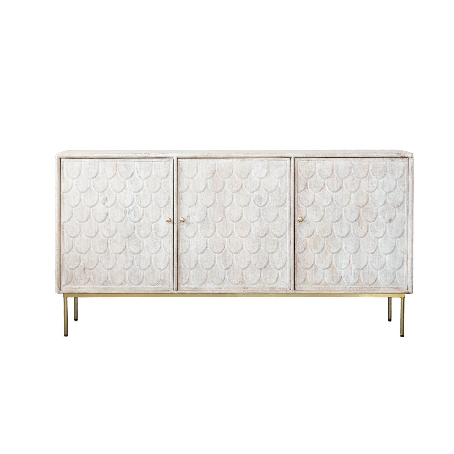 mango wood scalloped console w/3 doors, 3 shelves