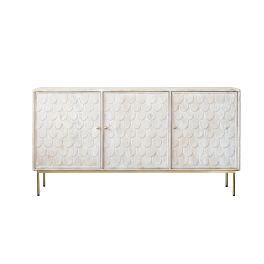 mango wood scalloped console w/3 doors, 3 shelves