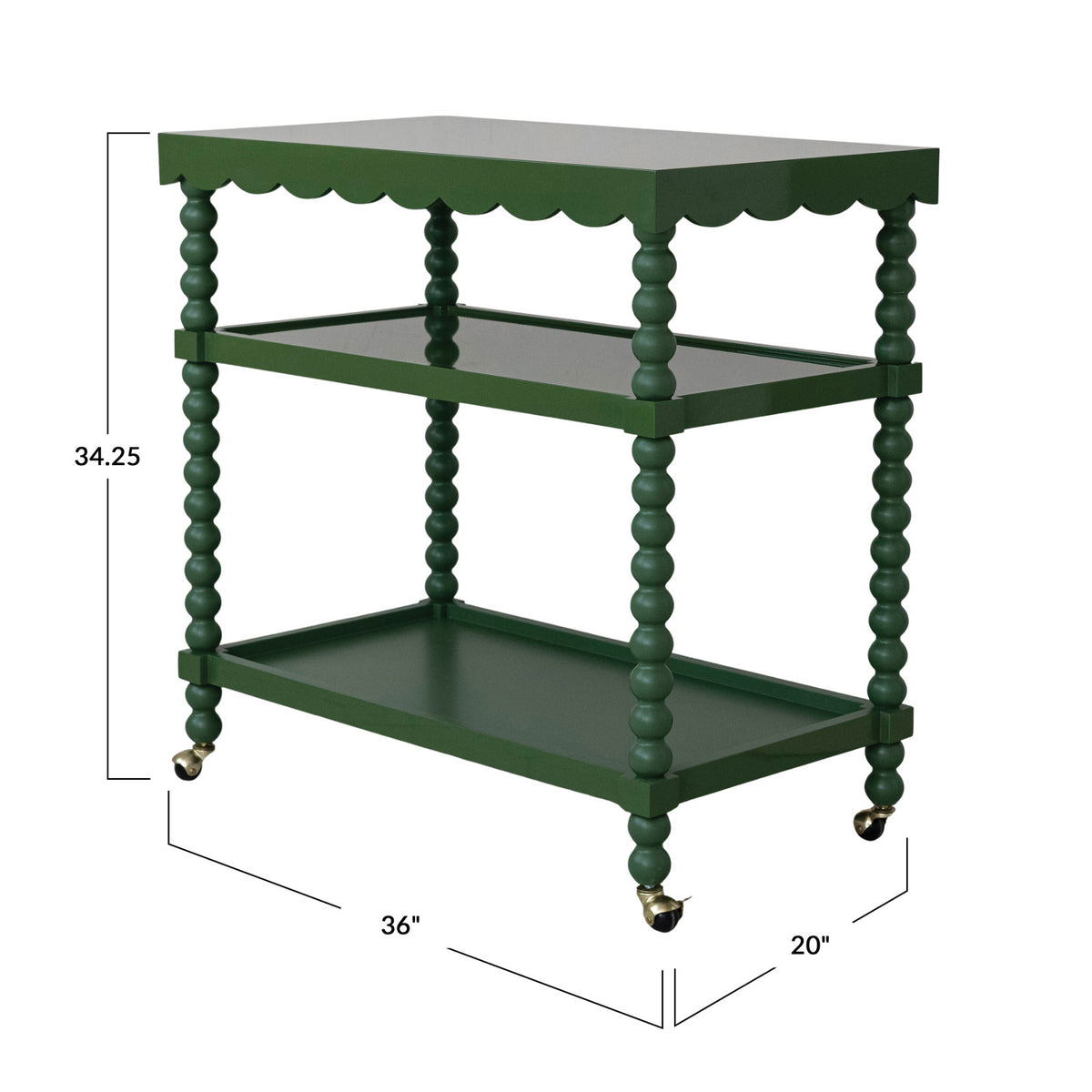 Scalloped 3-Tier Bar Cart on Casters with Turned Legs, Green, KD