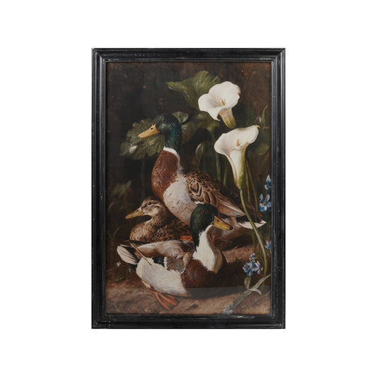 Wood Framed Glass Wall Decor with Vintage Reproduction Mallards