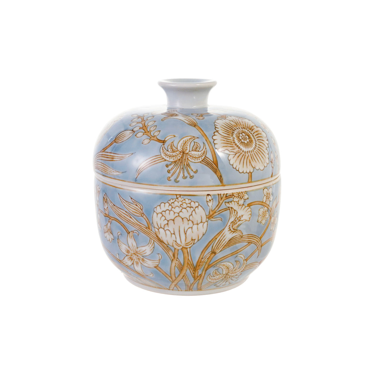 Decorative Painted Stoneware Jar with Flowers, Blue, White & Brown