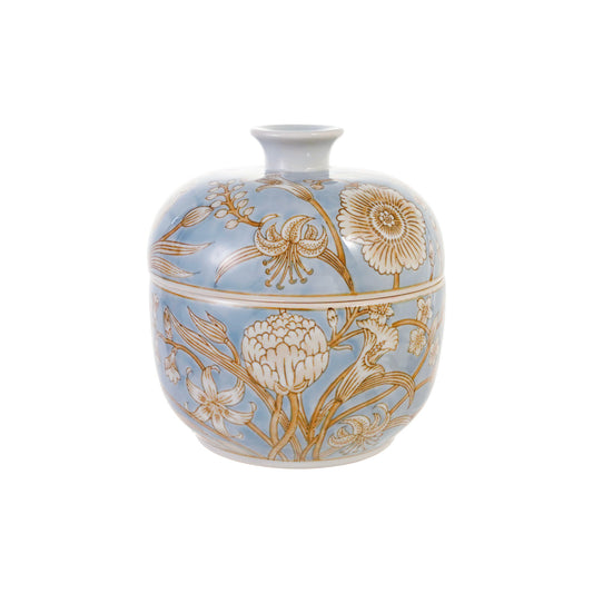 Decorative Painted Stoneware Jar with Flowers, Blue, White & Brown