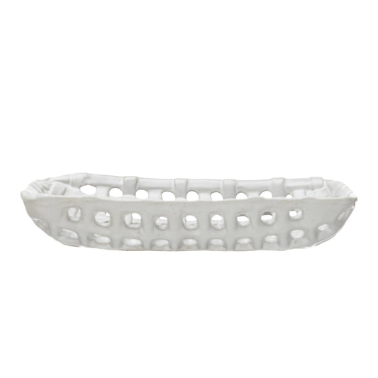 Handmade Stoneware Basket Dish, White